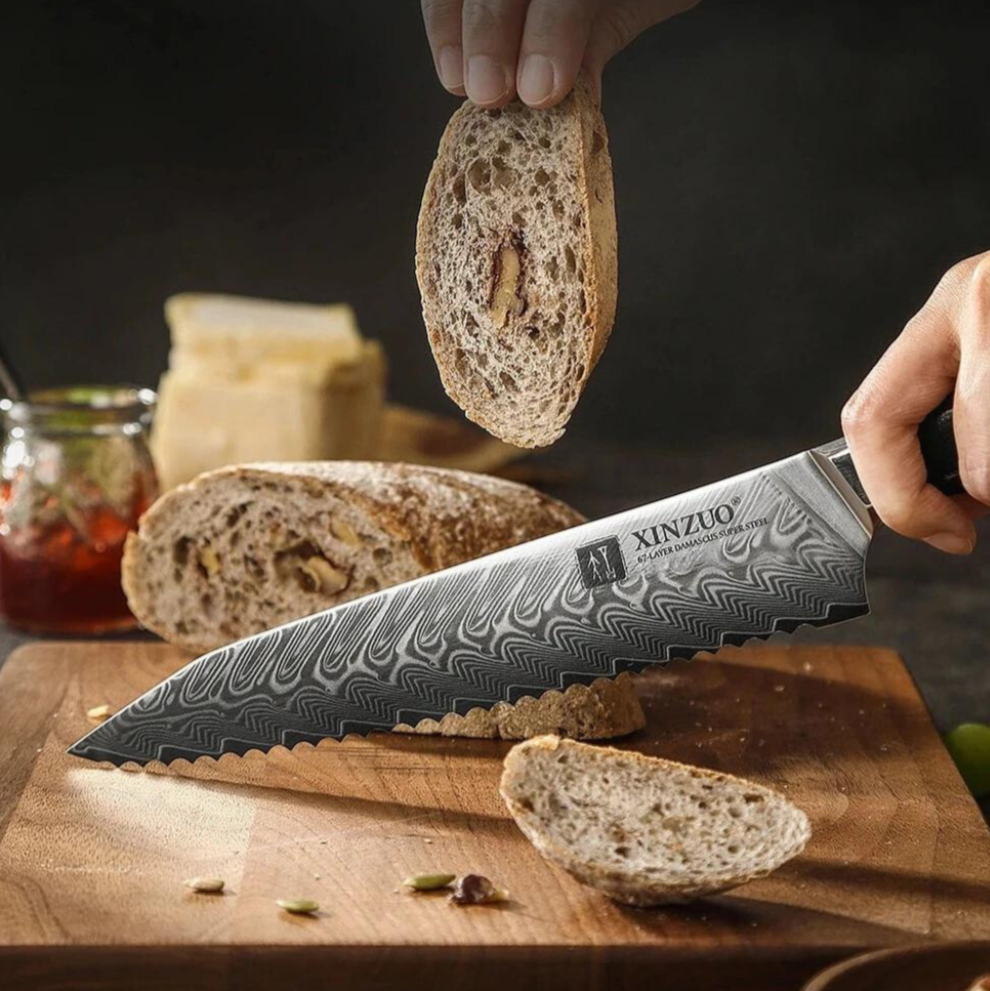 Premium 8.5” Damascus Steel Bread Knife – G10 Handle