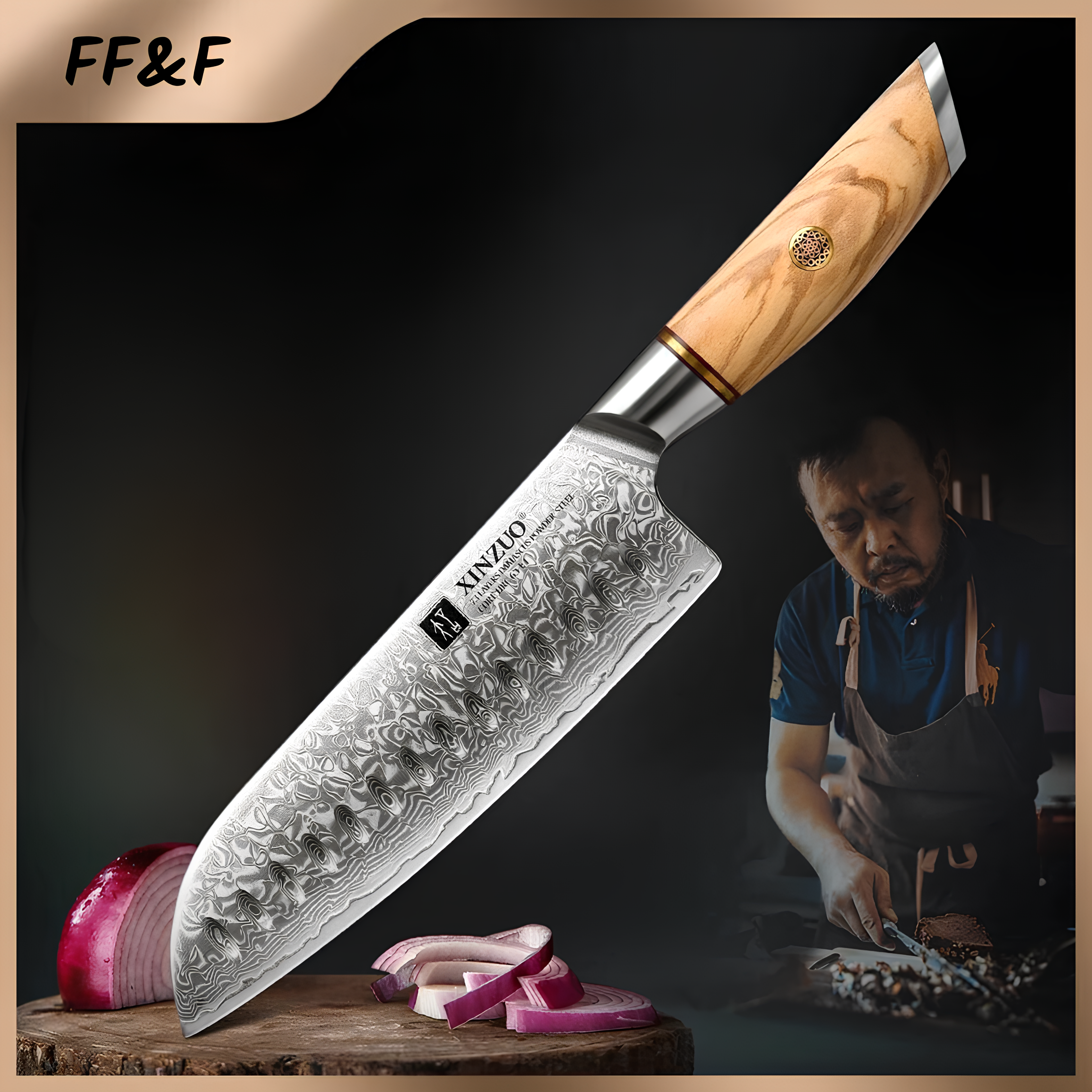 7-Inch Santoku Knife – Damascus Steel Core with Olive Wood Handle