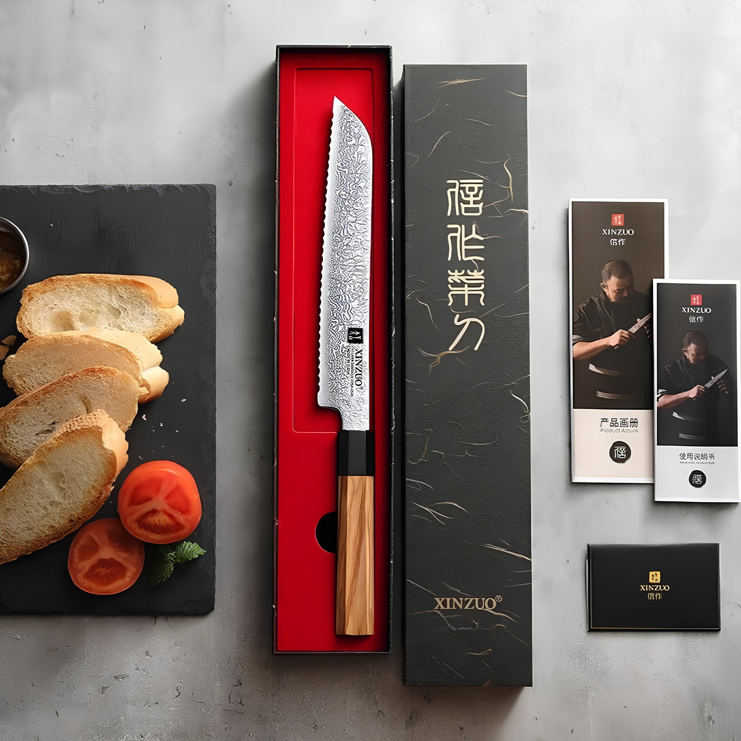 Premium 8.7” Damascus Steel Bread Knife with Olive Wood & Buffalo Horn Handle