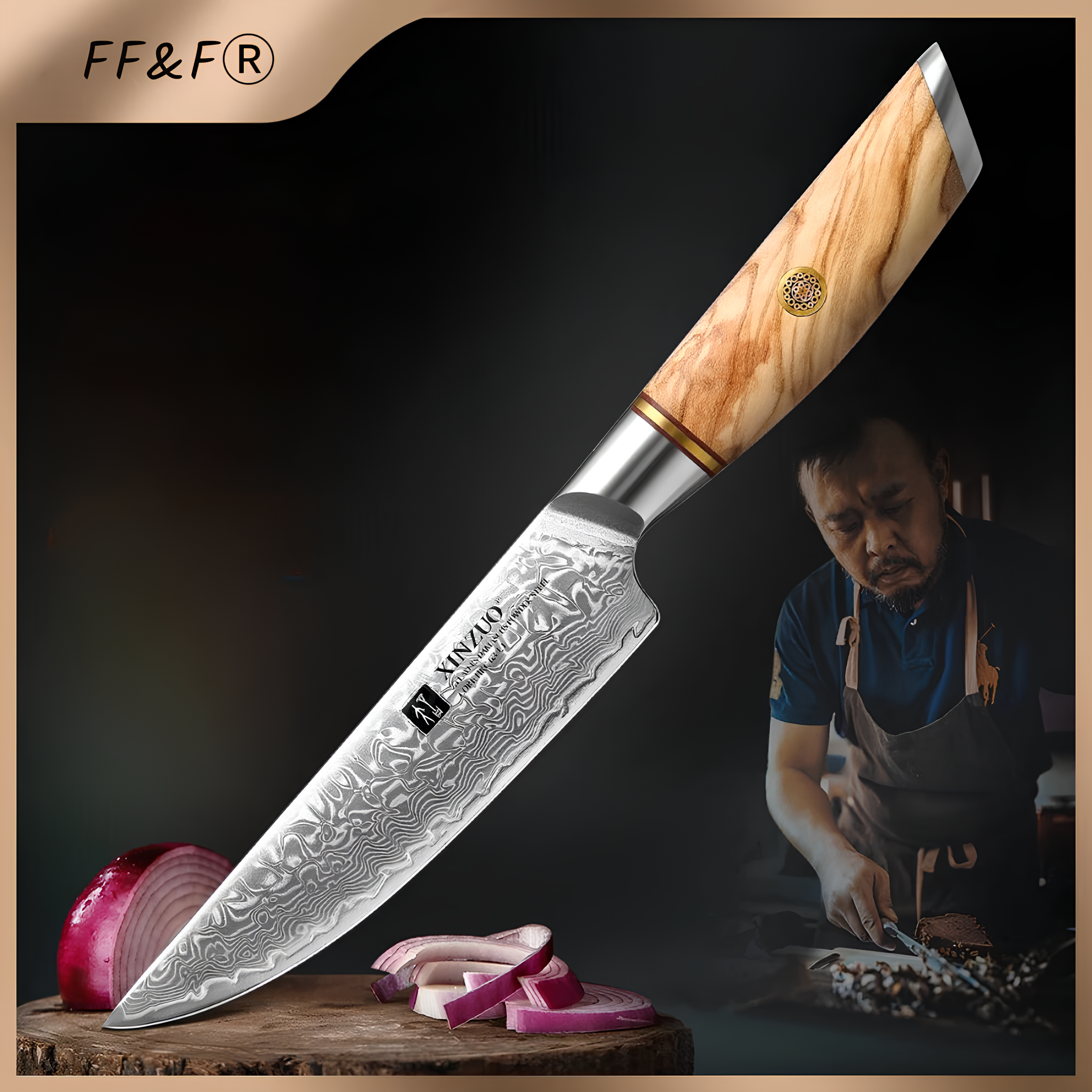 5″ Damascus-Patterned VG10-Core Steak Knife with Olive-Wood Handle