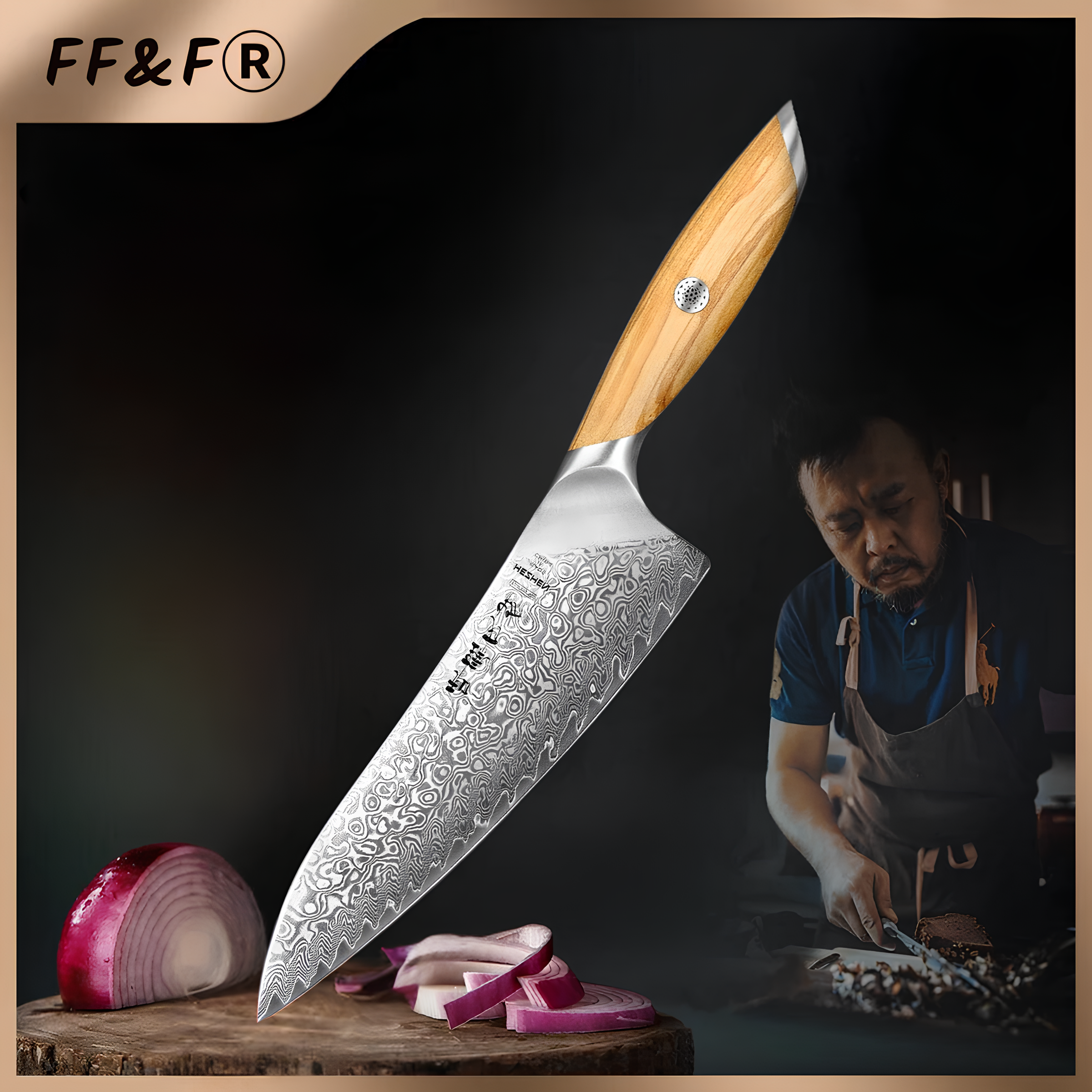 8″ Chef Knife, 73-Layer Damascus Steel Core with Olive Wood Handle