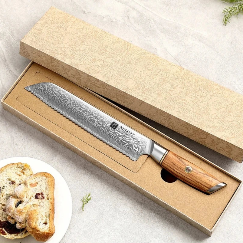8.5-Inch Damascus Steel Bread Knife with Serrated Edge and Olive Wood Handle