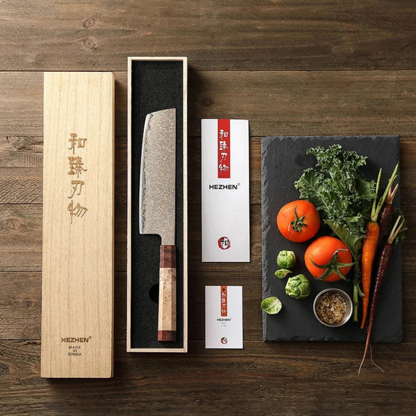 Faca Nakiri Série Retrô de 7.2" em Aço Damasco Tricolor